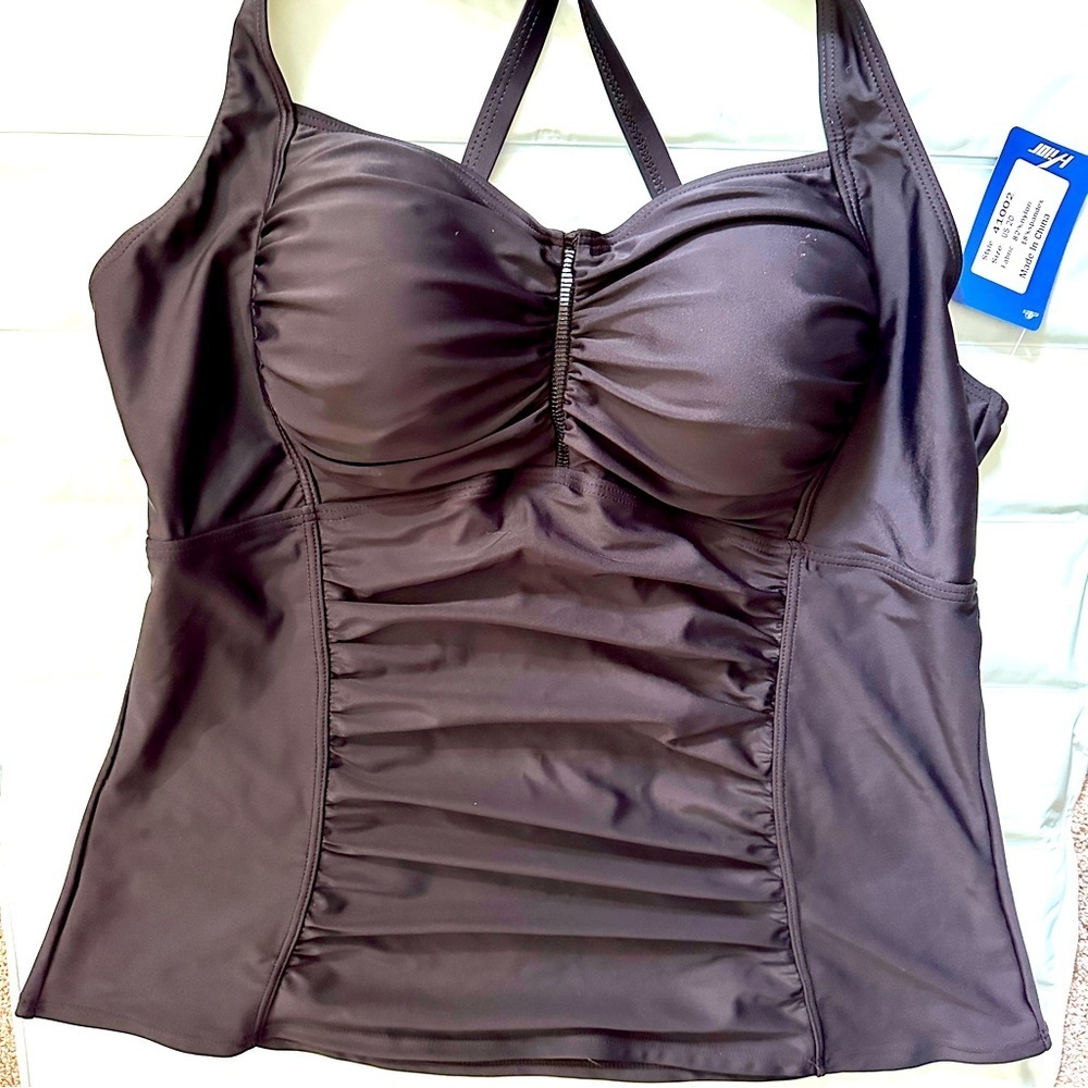 NWT Hilor Women's Black Tankini Top Shirred Tummy Control Swimsuit Size 20